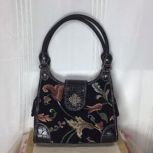Vintage Rosetti Black Floral Tapestry Silver Hardware Shoulder Handbag